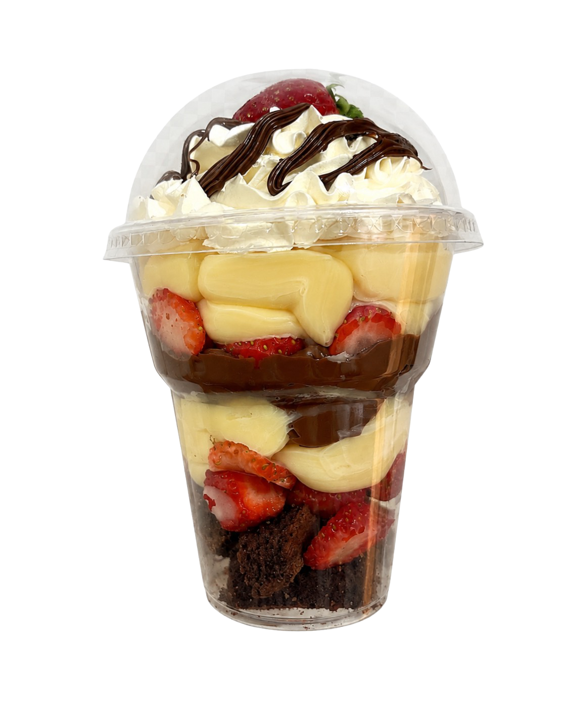 Copo da felicidade — camadas de brigadeiro, brownie e morango